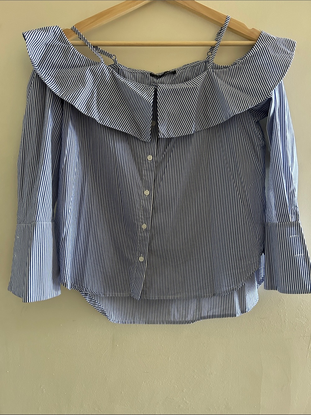 Forever 21 Blue and White Striped Off-Shoulder Button-Down Blouse